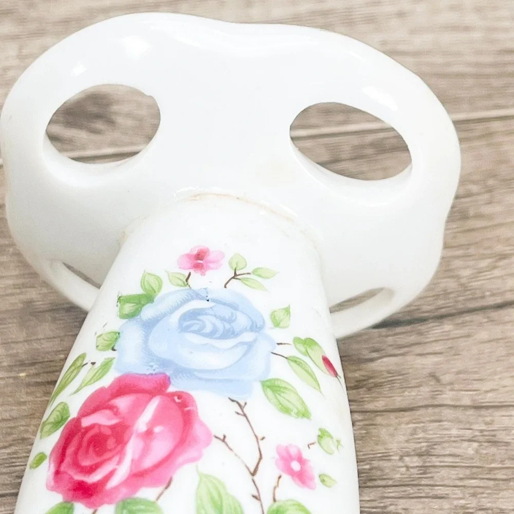 Vintage Floral Ceramic Bathroom Set: Pink Rose Soap Dish, Cup, & TB Holder